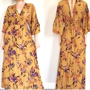 Kimono Sleeve V-neck Tie Back Neck Floral Maxi Dress Side Slits S